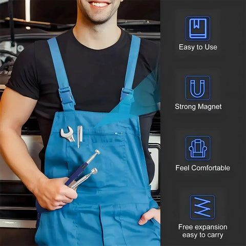Person in blue overalls holding Telescoping Magnetic Pickup Tool 2 Pack With 8Lb And 2Lb Magnets For Mechanics And Car Tools