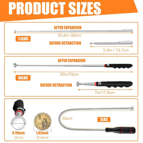 4-Piece Telescoping Magnetic Pickup Tool Set provides up to 40lb pull with a 30in reach, showing size and weight details.