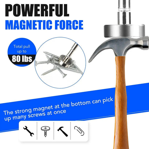 Hammer with powerful magnetic force lifting screws, labeled with 80 lbs total pull capability and wooden handle in side view.