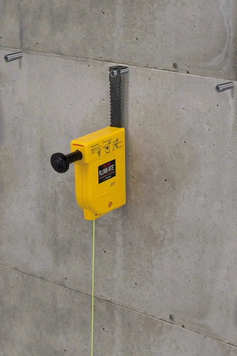 Magnetic plumb bob setter delivers fast, precise vertical alignment with a 14 oz bob, auto-recoil 14.5 ft line on concrete wall.
