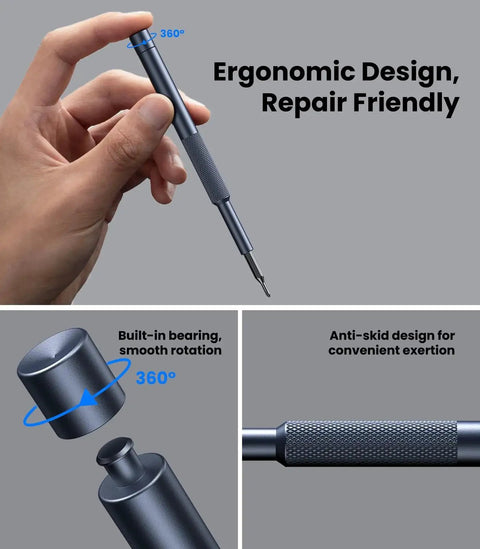 Hand holding 25-In-1 Magnetic Precision Screwdriver Set With Bearing Steel Bits, showing ergonomic and anti-skid design features.