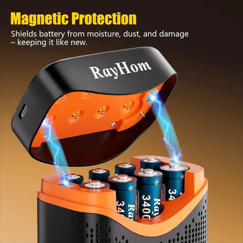 Eight Battery Pack With Charger 4 AA 3400mWh And 4 AAA 1100mWh inside open charger showing magnetic protection feature