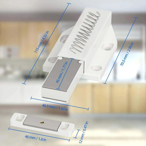 Heavy Duty Magnetic Push Latch for Cabinets and Large Doors No Handle Push to Open Touch Latch White 2 Pack with dimensions shown