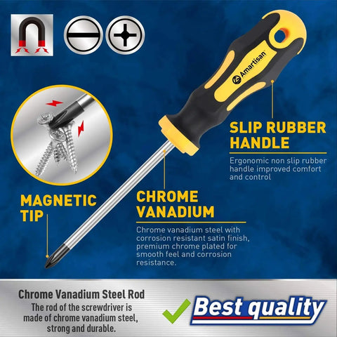 Close-up of a screwdriver from the 10 Piece Magnetic Screwdriver Set With 5 Phillips And 5 Slotted Tips Cushion Grip Handles And Chromium Vanadium Steel Construction Magnetic Bits For Durable Precision DIY And Professional Use, showing slip rubber handle and chrome vanadium steel.