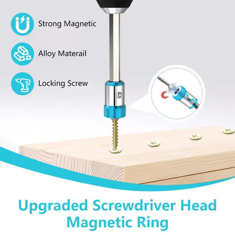 Upgraded Magnetic Screwdriver Head Ring For One Quarter Inch Hex Bits And Power Bits Universal Screw Magnetizer And Magnetic Screw Holder showing features and usage on wood