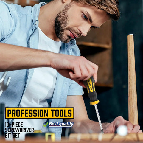 Man using 10 Piece Magnetic Screwdriver Set With 5 Phillips And 5 Slotted Tips Cushion Grip Handles And Chromium Vanadium Steel Construction Magnetic Bits for repair
