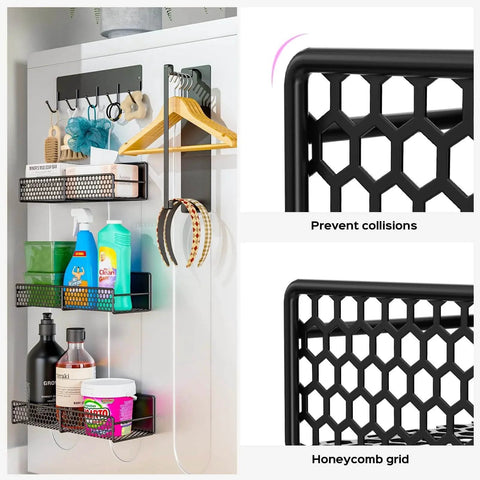 5-Pack Magnetic Shelves for Laundry Room Organization with spice rack, hanger organizer, and utensil hooks installed on a metal surface