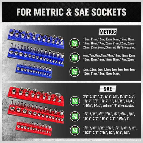 Image showing Six Piece Magnetic Socket Organizer Set with three blue metric and three red SAE holders for 1/4, 3/8, 1/2 inch sockets.