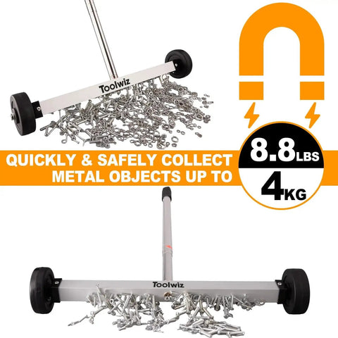 Effortlessly lifts ferrous metal debris with a 17 inch heavy duty magnetic sweeper, 8.8 lb load, adjustable handle, 3 inch wheels