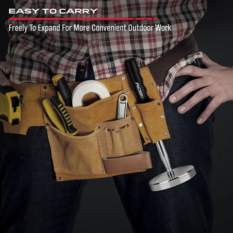 Man wearing tool belt with telescoping magnetic sweeper pickup tool with retractable reach from 8.6 inches to 33 inches.