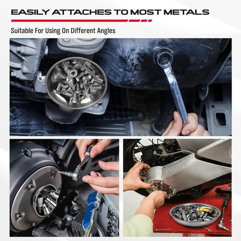 Stay organized and save time with this four-pack telescoping magnetic pickup tool set featuring a 20 inch reach, 1.5 lb lift, and three magnetic trays shown holding metal parts and debris in workshop.