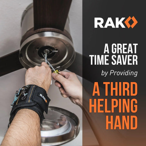 Hands installing a ceiling fan using Magnetic Wristband For Tools With Powerful Magnets, Premium Tool Belt For Holding Screws And Nails.