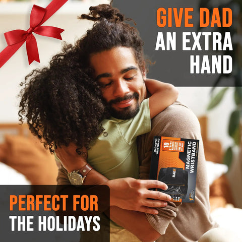 Father and child hugging, holding a Magnetic Wristband For Tools With Powerful Magnets, Premium Tool Belt For Holding Screws And Nails, Great Gift For Dad Husband Grandpa Handyman Diyer, A Cool Gadget For DIY Projects.