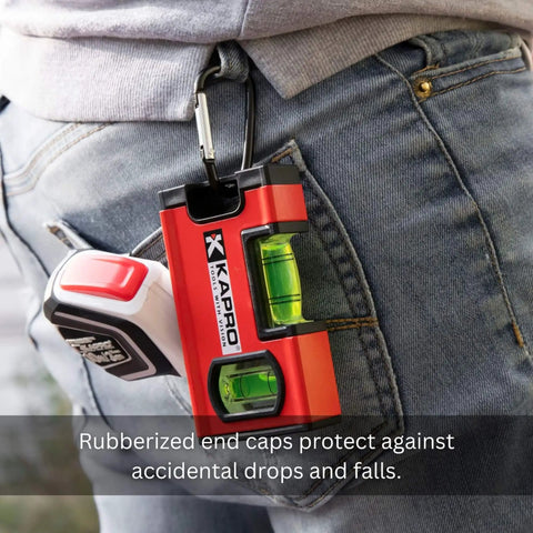 Heavy Duty Magnetic Toolbox Level With V Groove And Dual Readout Vials VPA Certified For Quick Accurate Alignments Kapro 771M clipped to belt.
