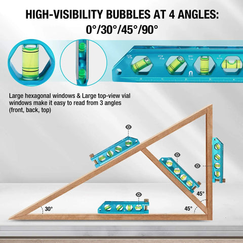 Magnetic 6.25 Inch Torpedo Level With Aluminum Alloy Body and V Groove showing high-visibility bubbles at angles 0, 30, 45, 90 degrees