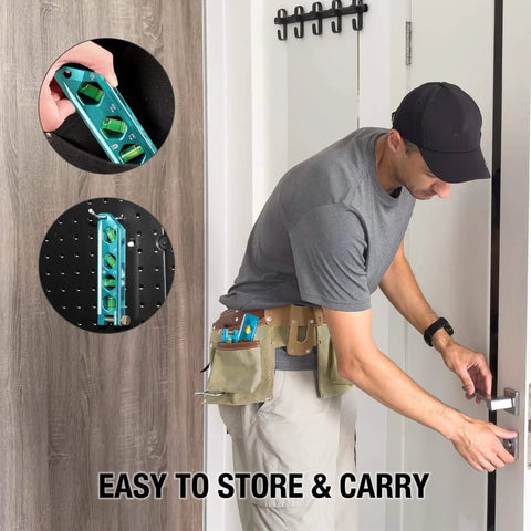 Magnetic 6.25 Inch Torpedo Level With 0 Degree 30 Degree 45 Degree 90 Degree Bubbles V Groove Large Viewing Window Aluminum Alloy Body Hanging Hole SAE And Metric Scale For DIY Projects And Home Use Duratech on tool belt and wall storage.
