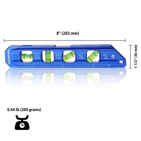 Magnetic 8 Inch Torpedo Level With Four Vials For 0 90 45 30 Degree Angles Aluminum Alloy Body Hands Free On Iron Surfaces High Accuracy 0.5mm Per Meter Cobalt Blue By WORKPRO