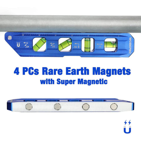 Magnetic 8 Inch Torpedo Level With Four Vials For 0 90 45 30 Degree Angles Aluminum Alloy Body Hands Free On Iron Surfaces High Accuracy 0.5mm Per Meter Cobalt Blue By WORKPRO showing side and bottom view with magnets.