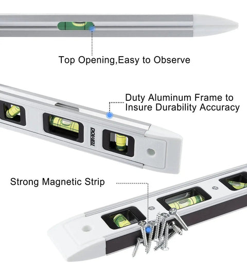 Magnetic Torpedo Level 9 Inch With Box Frame And Alloy Construction, Hands Free Magnetic Attachment shown with bubble vials