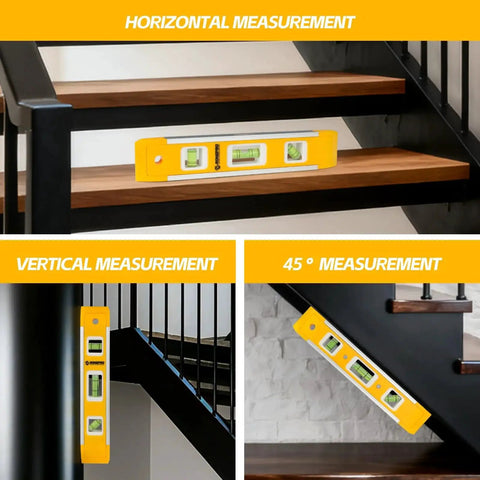 9 Inch Magnetic Torpedo Level With 45 Degree 90 Degree And 180 Degree Bubbles Magnetic Edge For Hands Free Use In Woodworking Hardware Installations And DIY Projects Shock Resistant Box Level Tool For Precise Measuring shown in various measurement positions on stairs.