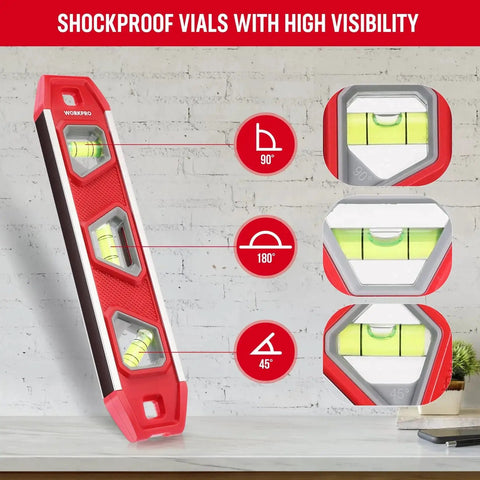 9 Inch Magnetic Torpedo Level with Overhead Viewing Window and 3 Bubbles for 45 Degree 90 Degree 180 Degree Readings