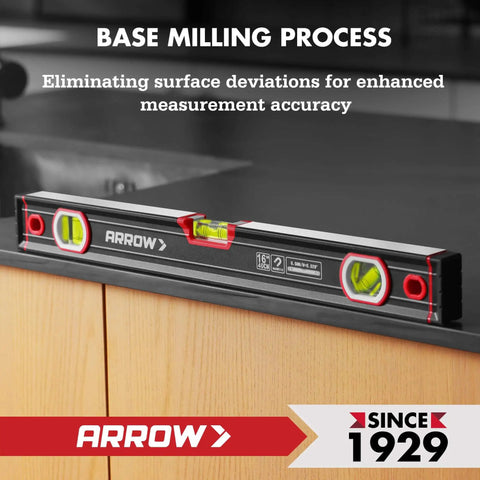 16-Inch Magnetic Torpedo Level With 3 High-Visibility Vials For 45 90 And 180 Degree Readings, Fluorescent Windows, Aluminum Alloy Body, Precision-Milled Base, Shockproof End Caps, V-Groove And Hanging Hole For Construction And Carpentry, shown on a wooden surface.