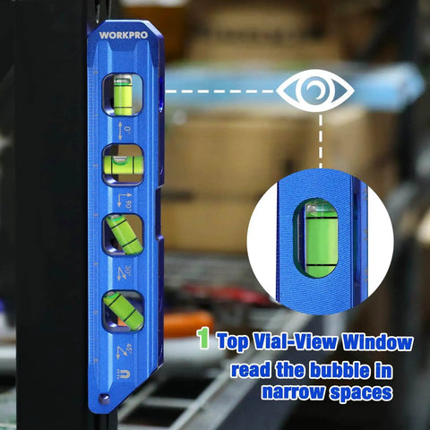 Magnetic 8 Inch Torpedo Level With Four Vials For 0 90 45 30 Degree Angles Aluminum Alloy Body Hands Free On Iron Surfaces High Accuracy 0.5mm Per Meter Cobalt Blue By WORKPRO shown attached to metal surface with top vial feature emphasized.
