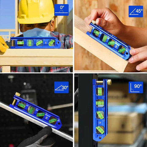 Magnetic 8 Inch Torpedo Level With Four Vials For 0 90 45 30 Degree Angles Aluminum Alloy Body Hands Free On Iron Surfaces High Accuracy 0.5mm Per Meter Cobalt Blue By WORKPRO in use at various angles.