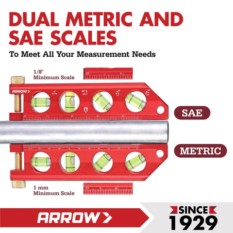 Compact 6.3 inch magnetic torpedo level with top view windows, aluminum frame, dual metric and SAE scales shown on pipe
