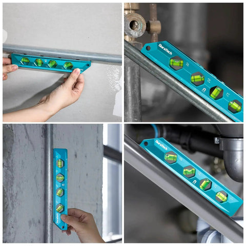 High Visibility 8 Inch Magnetic Torpedo Level With Four Bubbles 0 Degree 30 Degree 45 Degree And 90 Degree V Groove Large Viewing Window Aluminum Alloy Body Hanging Hole SAE And Metric Scale For DIYers And Home Projects Duratech in various installation settings