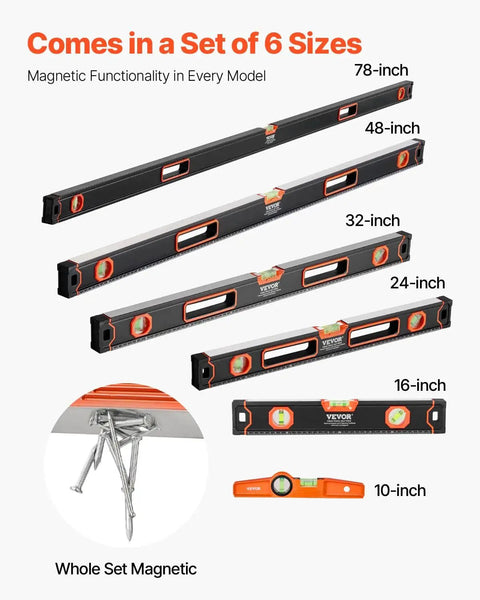 Six Piece All Magnetic Torpedo Level Set With Aluminum Alloy Box Leveler Includes 10 To 78 Inch Levels SAE And Metric Scales Three Vials For Accurate 45 90 And 180 Degree Measurements Shock Resistant Construction showing various level sizes.