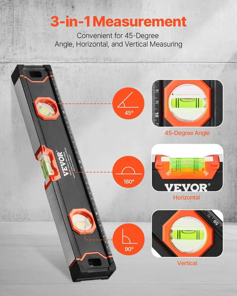 Side view of Six Piece All Magnetic Torpedo Level Set With Aluminum Alloy Box Leveler showing 45, 90, and 180 degree measurements.