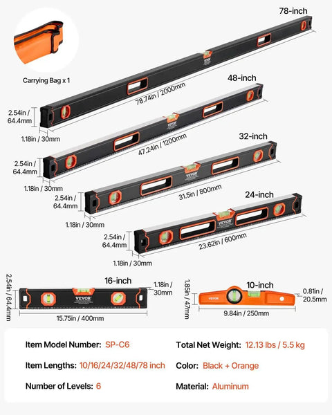 Six Piece All Magnetic Torpedo Level Set With Aluminum Alloy Box Leveler Includes 10 To 78 Inch Levels SAE And Metric Scales Three Vials For Accurate 45 90 And 180 Degree Measurements Shock Resistant Construction displayed on white background