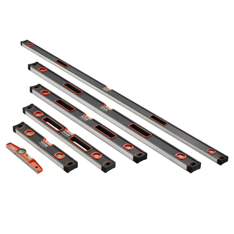 Image of Six Piece All Magnetic Torpedo Level Set with aluminum body, magnetic base, sizes from 10 to 78 inches, three vials visible.