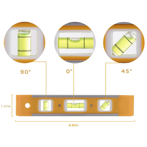 Nine Inch Magnetic Torpedo Level With Three Bubble Vials For Horizontal Vertical And 45 Degree Readings Shock Resistant ABS Frame