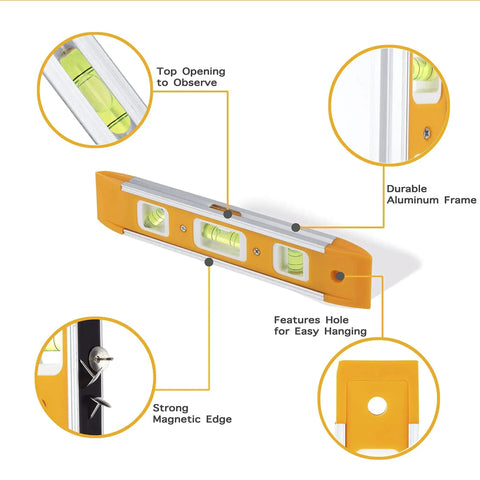Nine Inch Magnetic Torpedo Level With Three Bubble Vials For Horizontal Vertical And 45 Degree Readings Shock Resistant ABS Frame Heavy Duty Magnetic Base Bright Orange On Site Construction And Woodworking Tool For Precise Layouts shown with features labeled