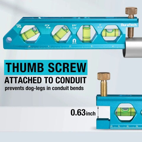 Magnetic 6.25 Inch Torpedo Level With 0 Degree 30 Degree 45 Degree 90 Degree Bubbles V Groove Large Viewing Window Aluminum Alloy Body Hanging Hole SAE And Metric Scale For DIY Projects And Home Use Duratech with thumb screw attached to conduit.