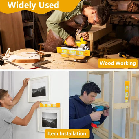 Three images displaying the Magnetic 9 Inch Torpedo Level With Three Vials At 45 90 And 180 Degrees Delivers Fast Accurate Leveling For Hanging Pictures Shelving And Home Renovations With A Secure Magnetic Base For Hands Free Use being used in woodworking, picture hanging, and shelf installation.