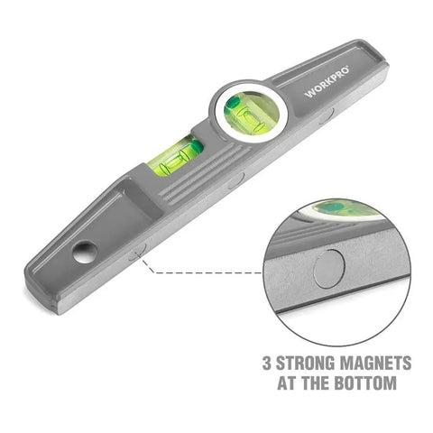 Pro Grade 3 Piece Torpedo Level Set With Magnetic 9 Inch Level And Non Magnetic 16 Inch And 24 Inch Levels, lightweight, green bubbles, Workpro