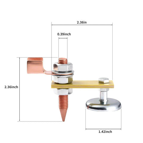 Side view of 2 Pack Magnetic Welding Ground Clamps with conductive rods and copper tails showing dimensions in inches