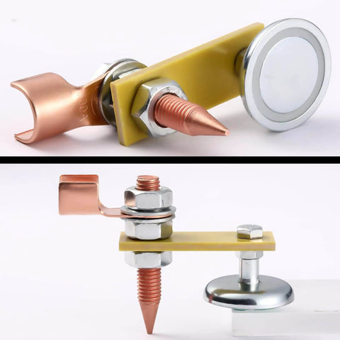 2 Pack Magnetic Welding Ground Clamps with Conductive Rods and Copper Tails, Durable Welding Magnet Head with Strong Suction side view.