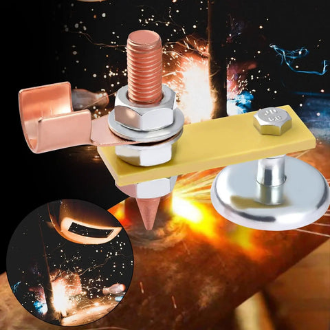 Close-up of 2 Pack Magnetic Welding Ground Clamps with Conductive Rods and Copper Tails, showing strong suction and durable magnet head.