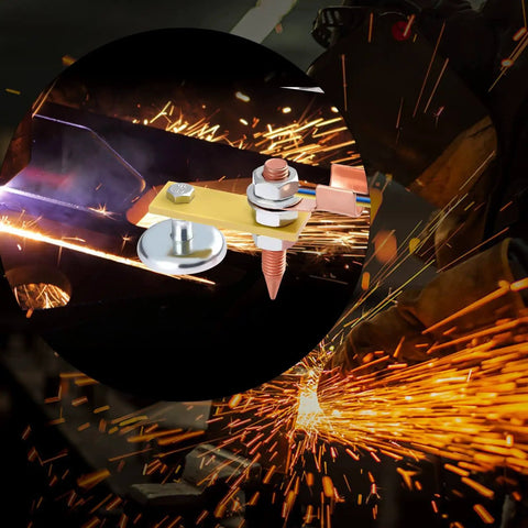 2 Pack Magnetic Welding Ground Clamps With Conductive Rods And Copper Tails in use with sparks from welding process.