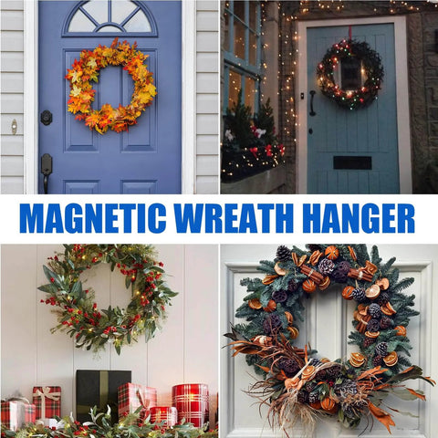 Various wreaths displayed on doors using a magnetic wreath hanger, suitable for seasonal decorations.