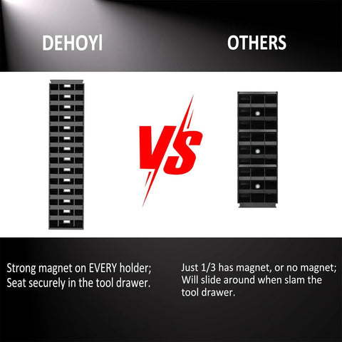 Comparison of 48 Piece Magnetic Wrench Organizer Set With Metric And SAE Labels For Tool Drawers versus competitor organizer.