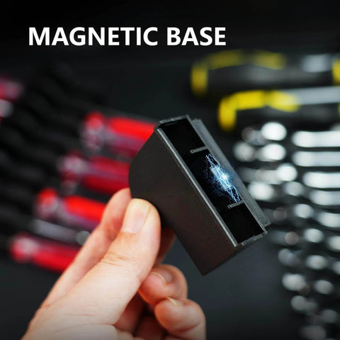 Close-up of 48 Piece Magnetic Wrench Organizer Set With Metric And SAE Labels showing magnetic base in a hand with tools in background.