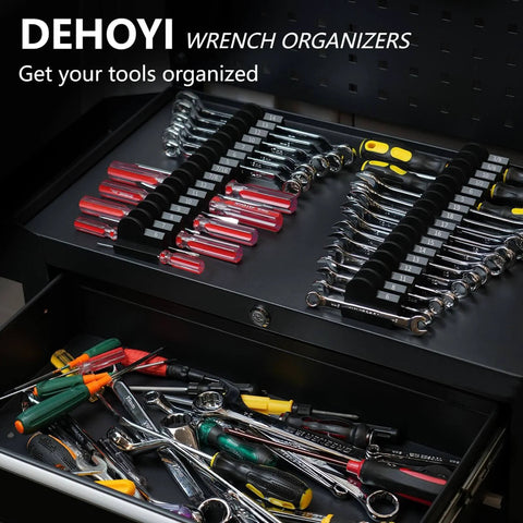 48 Piece Magnetic Wrench Organizer Set With Metric And SAE Labels For Tool Drawers, neatly organizing wrenches in a tool drawer.