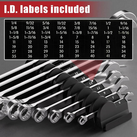 48 Piece Magnetic Wrench Organizer Set With Metric And SAE Labels For Tool Drawers showing wrench sizes and labels