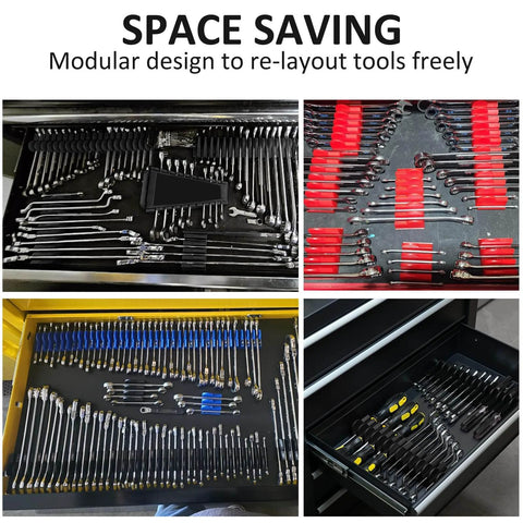 48 Piece Magnetic Wrench Organizer Set With Metric And SAE Labels For Tool Drawers showcased in different tool storage drawers.