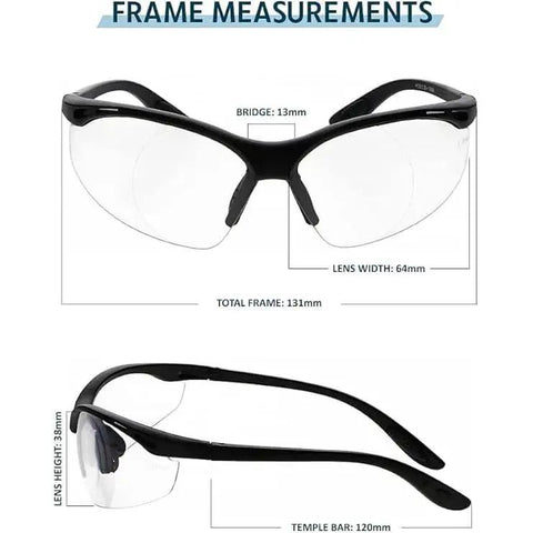 Magnifying Safety Glasses With UV Protection Z87.1 Frame 1.50 Diopter Lens, frame measurements shown, top view and side profile.